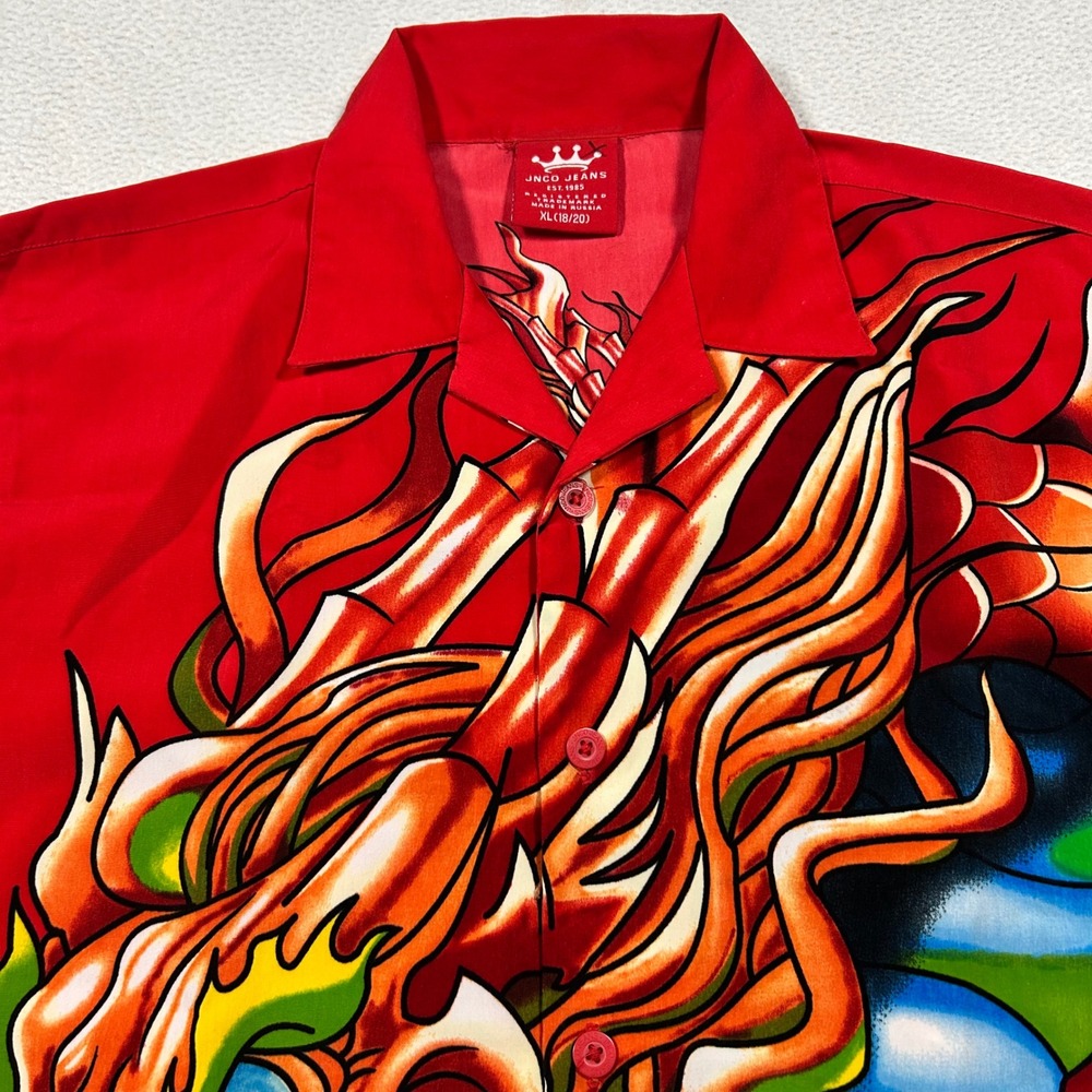 JNCO Jeans Button Up Shirt Mens XL Red Dragon Graphic Streetwear Skater Y2K